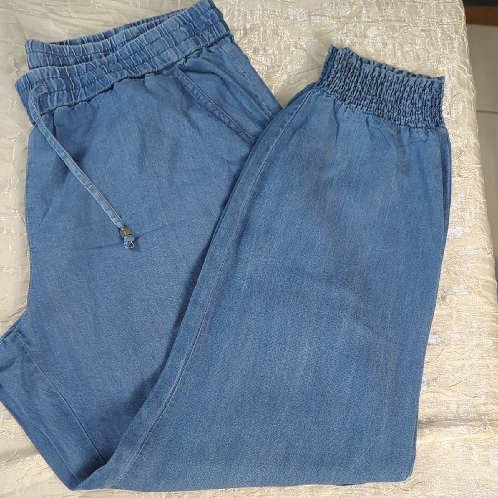 Casual Blue Elastic Waist Cropped Jeans for Women